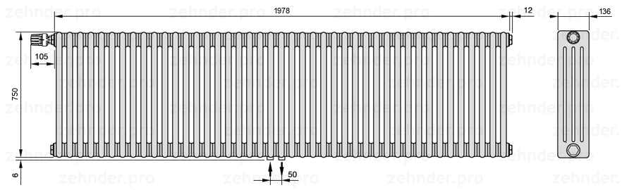 Схема (чертеж) Радиатор Zehnder Charleston 4075/43 №V007 Белый глянцевый RAL 9016